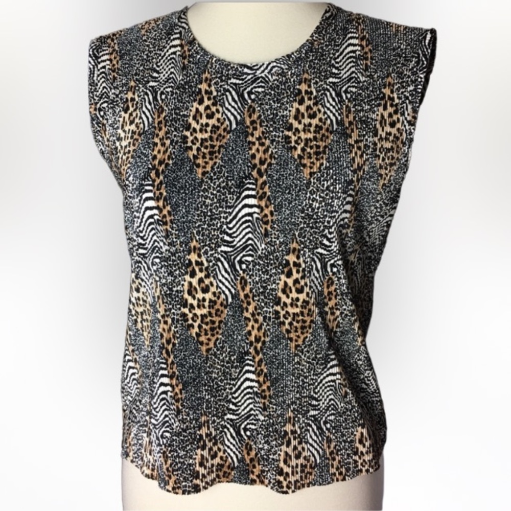 Plissé Animal Cheetah Leopard Zebra VTG Top Med